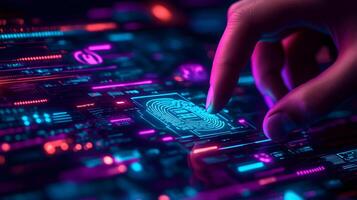 Finger Touching Digital Fingerprint Lock Cyber Security, Data Protection, Futuristic Technology and Biometric Authentication Concept photo