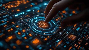 Finger Pressing Play Button on Futuristic High Tech Interface With Glowing Lights and Circuitry. photo