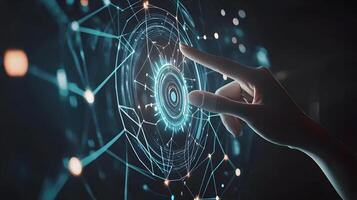 Finger Touching Digital Interface Futuristic Technology, Cybersecurity Network, and Abstract Data Connection Visualization Concept photo