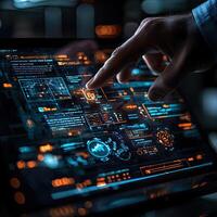 Finger Touching Digital Interface Display with Data Visualization, Charts and Network Security Concept. Futuristic Technology. photo