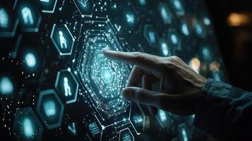 Finger Touching Digital Interface Futuristic Technology, AI Connection, HighTech Screen, Cybersecurity, Innovative Solutions, Data Management photo