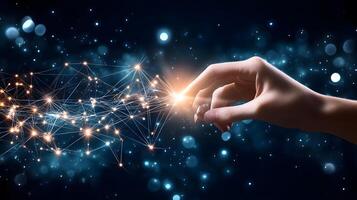 Finger Touching Digital Network Connection. Future Technology Interface. Artificial Intelligence and Neural Connection. Data Transmission. photo