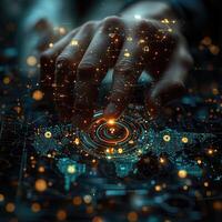 Finger Touching Digital World Map with Question Mark Data Analysis, Technology, Connectivity, and Global Network Concepts. photo