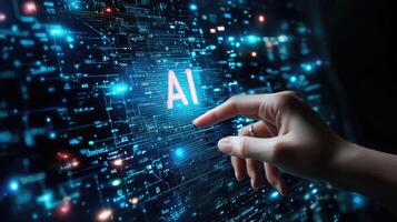 Finger Touching Holographic AI Interface with Complex Data Streams and Circuitry Futuristic Technology Concept photo