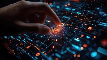 Finger Touching Futuristic Interface High Tech Data Circuit Board, Artificial Intelligence, Machine Learning and Cybersecurity photo