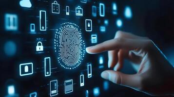 Fingerprint Scan for Secure Access Biometric Authentication on Digital Interface with Data Security Icons photo