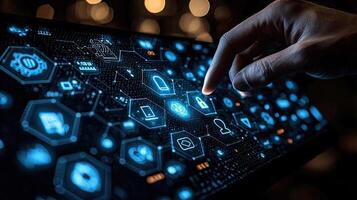 Finger Touching Secure Digital Interface Cybersecurity, Cloud Computing, Data Encryption, and Network Protection Concept photo