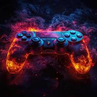 Flaming Game Controller with Blue Buttons and Fiery Smoke on a Dark Background photo