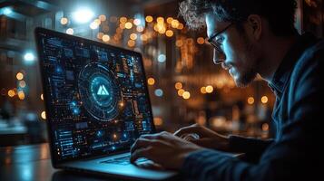 Focused Man Coding on Laptop with Digital Interface Displaying Futuristic Technology and Bokeh Lights Backdrop photo
