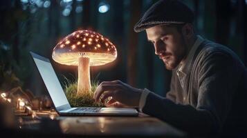 Forest Freelancer Man Working on Laptop Under Glowing Mushroom in Enchanted Woods, Digital Nomad Concept photo