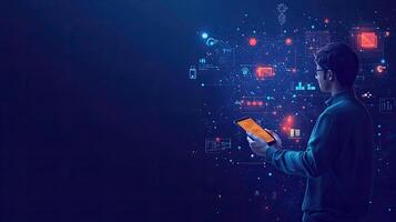 Future Technology Exploration Man Analyzing Digital Network on Tablet Device for Innovation and Connectivity photo