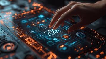 Future Technology Interface with Hand Digital Touchscreen Display, Innovation, Artificial Intelligence, and Data Control photo