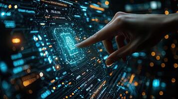 Future Technology Interface Finger Touching Glowing Digital Circuit Board Screen, Futuristic Innovation, Data, Network, Security. photo