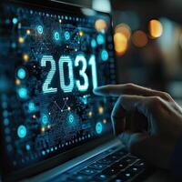 Future Technology Vision 2031 Hand Touching Digital Interface Displaying Date on a Modern Laptop Screen. photo