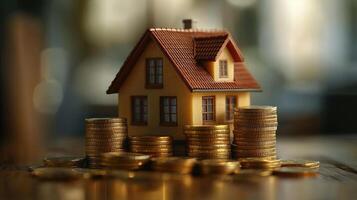 Miniature House with Stacks of Coins Investment, Real Estate, Savings, and Financial Security Concept photo