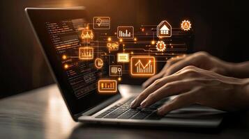 Modern Data Analysis on Laptop Business Intelligence, SEO, Marketing, Programming, and Financial Insights Concept photo