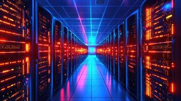Modern Data Center Room with Rows of Rack Servers, Blue Ambient Lighting and Red Server Lights photo