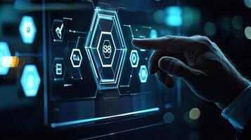 Modern Interface Technology Interaction Human Hand Touching Digital Hexagon Grid on Futuristic Touchscreen Display photo