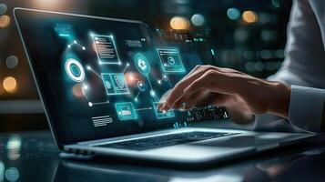 Modern Laptop Displaying Futuristic Data Visualization with Glowing Connections, Operated by a Hand, Technology Background. photo