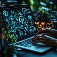 Modern Laptop Displaying Futuristic Technology Interface While User Types in a Cosy Illuminated Environment. photo