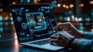 Modern Laptop Interface Displaying Futuristic Technology, Data Analysis and Visualizations with User Hands on Keyboard, Night Lights Bokeh photo