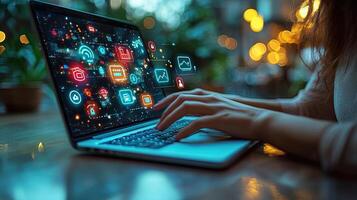 Modern Laptop Interface with Glowing Icons, Connected Technology, and Woman Typing in BokehLit Workspace photo
