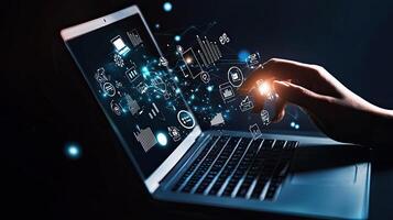 Modern Laptop with Digital Business Interface, Data Visualization, and Human Interaction for Cloud Technology Integration photo