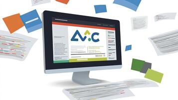 Modern Office Computer with Flying Paperwork and Notes, Documents, Digital Workflow Efficiency Concept photo