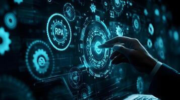 Modern RPA Technology Businessman Activating Robotic Process Automation Interface with Futuristic Gear and HUD Elements. photo