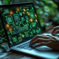 Modern Technology Hands Typing on Laptop with Futuristic Interface Display and Data Visualization, Closeup View. photo