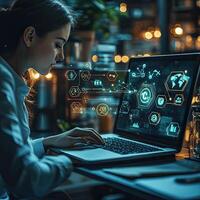 Modern Woman Analyzing Data on Laptop with Futuristic Interface Displaying Business and Financial Information photo