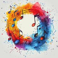 Musical Notes Swirl Around Colorful Watercolor Splashes, Creating a Harmonious and Vibrant Artistic Expression with Abstract Elements photo