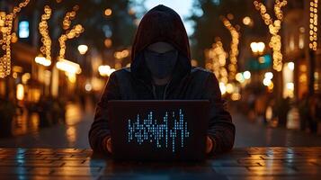 Mysterious Hooded Hacker Using Laptop with Binary Code on City Street at Night, Cyber Security Concept photo