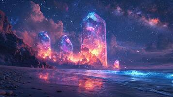 Mystical Crystal Pillars on a Glowing Beach Under a Starry Sky Dreamlike Landscape photo