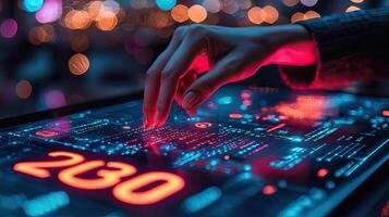 Navigating 2030 A Woman's Touch on Future Tech Interface with Glowing Data and City Lights Bokeh photo