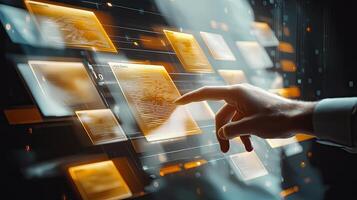 Navigating Digital Documents Hand Interacting with Futuristic Interface, Data Management, Technology, and Information Flow photo