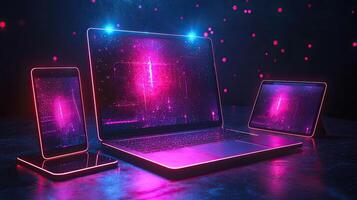 Neon Technology Trio Laptop, Tablet and Phone Displaying Glowing Digital Art on a Futuristic Surface photo
