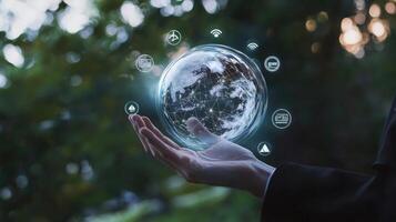 Networking Technologies Showcase Global Connection in the Palm of Your Hand, Greenery Background, Wireless Communication, Technology photo