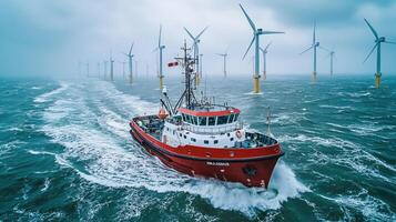 Offshore Wind Farm Support Vessel in Rough Seas with Visible Turbines and Overcast Sky photo