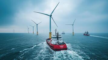 Offshore Wind Farm Construction Red Tugboat Navigating Through Turbines in Cloudy Weather at Sea photo