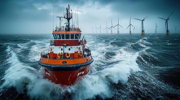 Offshore Wind Farm Support Vessel Navigating Rough Seas Under Cloudy Sky, Transportation for Clean Energy Infrastructure. photo