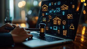 Online Real Estate Auction Gavel on Laptop Displaying Home Icons for Digital Property Law and Sales photo