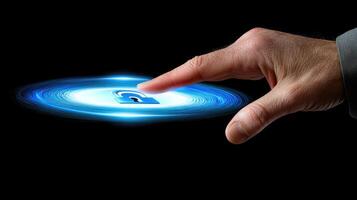 Online Security Activation Finger Touching Virtual Padlock Button with Digital Light Trails on a Black Background photo