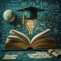 Open Book, Graduation Cap, Light Bulb, and Globe on Teal Background with Math Formulas and Equations photo