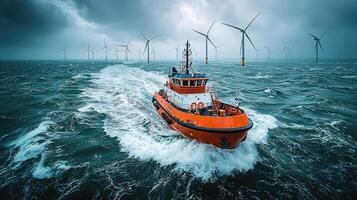Orange Tugboat Navigating Choppy Waters Towards Offshore Wind Turbines Under a Cloudy and Dramatic Sky photo