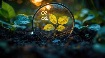 Oxygen Production by Plants Magnifying Glass on Seedling in Soil Revealing Oxygen Cycle, Environment Concept photo