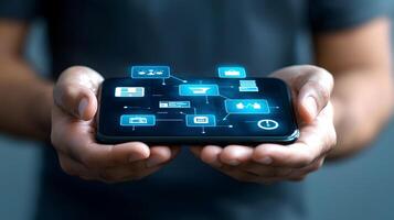 Person Holding Mobile Phone Displaying Network Connection and Data Icons for Communication and Technology photo