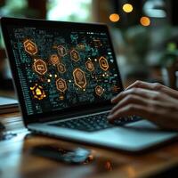 Person Typing on Laptop Displaying Data, Network, and Security Icons for Cybersecurity Concept photo