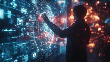 Person Interacting with a Holographic Interface, Data Visualization and Cybersecurity, Futuristic Technology, Connectivity and Network Concepts photo
