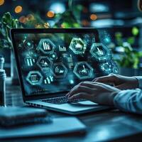 Person Typing on Laptop with Digital Data Visualization Overlay, Business Intelligence and Futuristic Technology Integration Concept photo